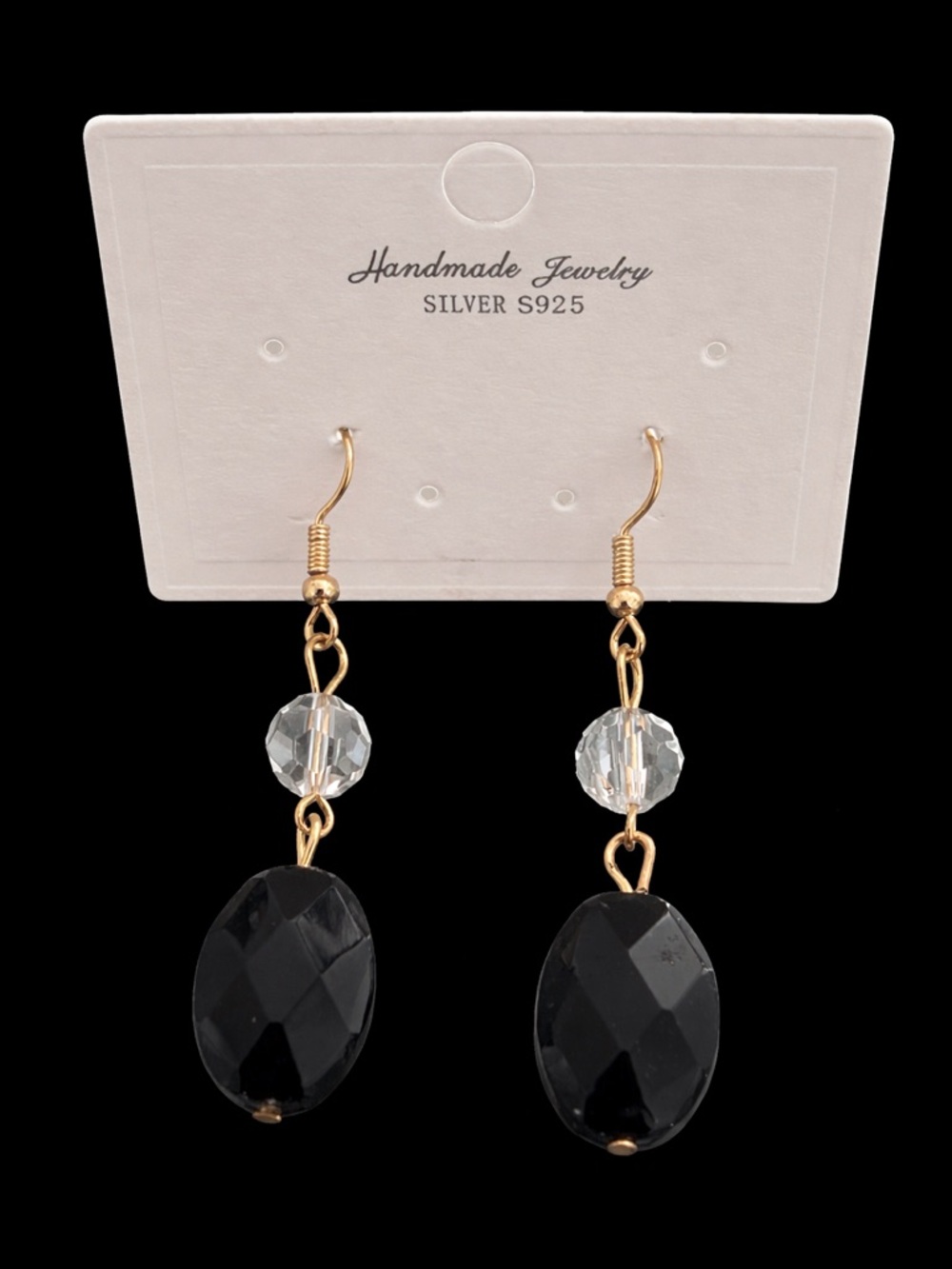 Handmade Jewelry Silver S925 Black and Clear Crystal Drop Earrings NWT